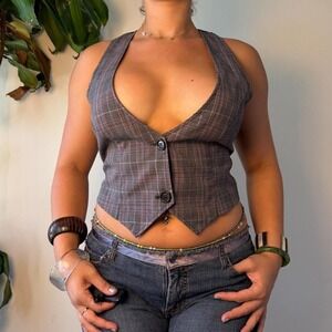 Styles Vintage Y2K Grey Plaid Halter Open Back Vest Made in USA Size L